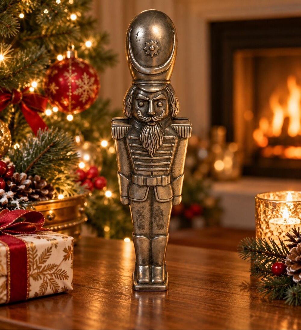 Rare Vintage Silver Tone Nutcracker Soldier Figurine Metal German Style 8”